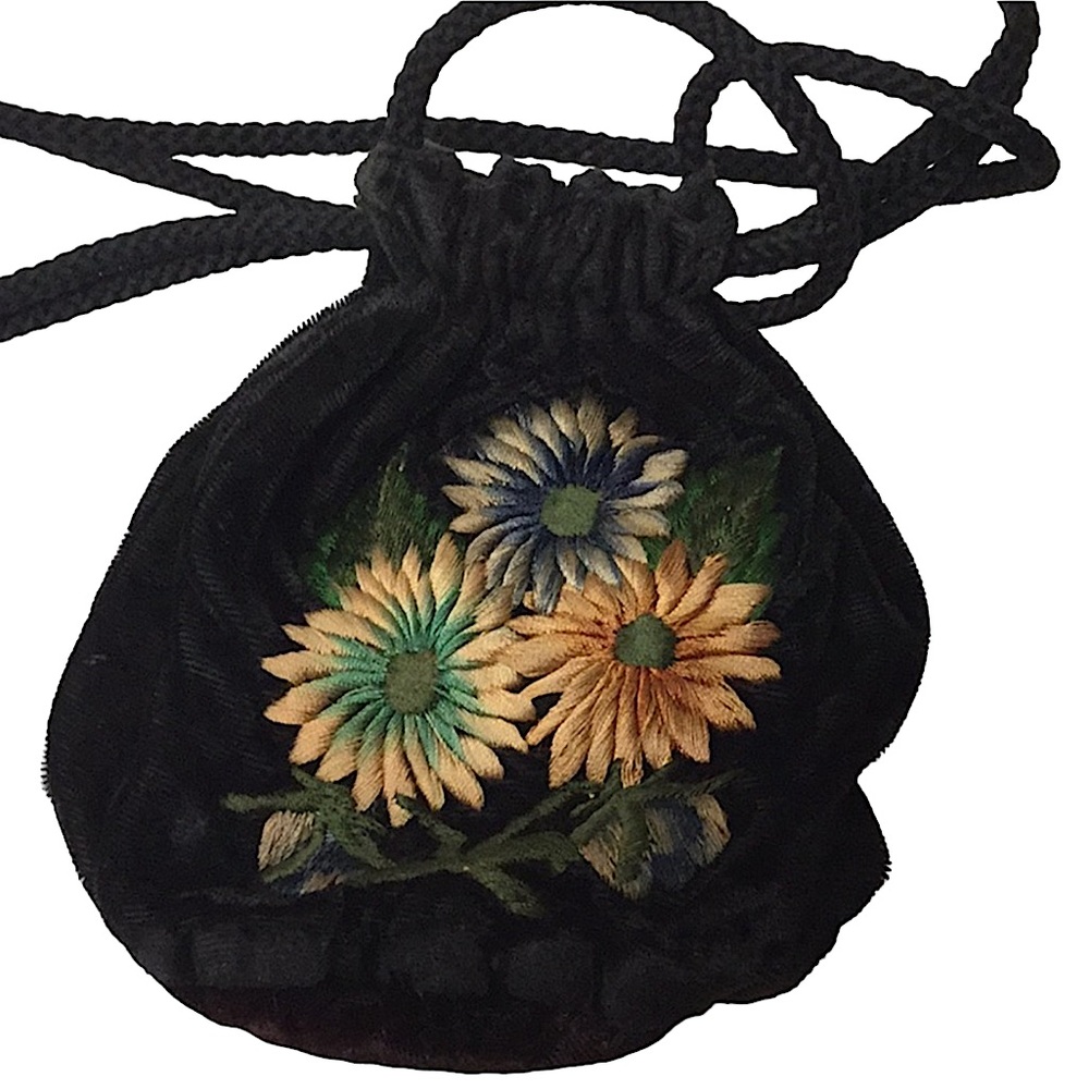 VINTAGE Velvet Bag Flower Embroidery Both Sides Cinch Top Black Multi